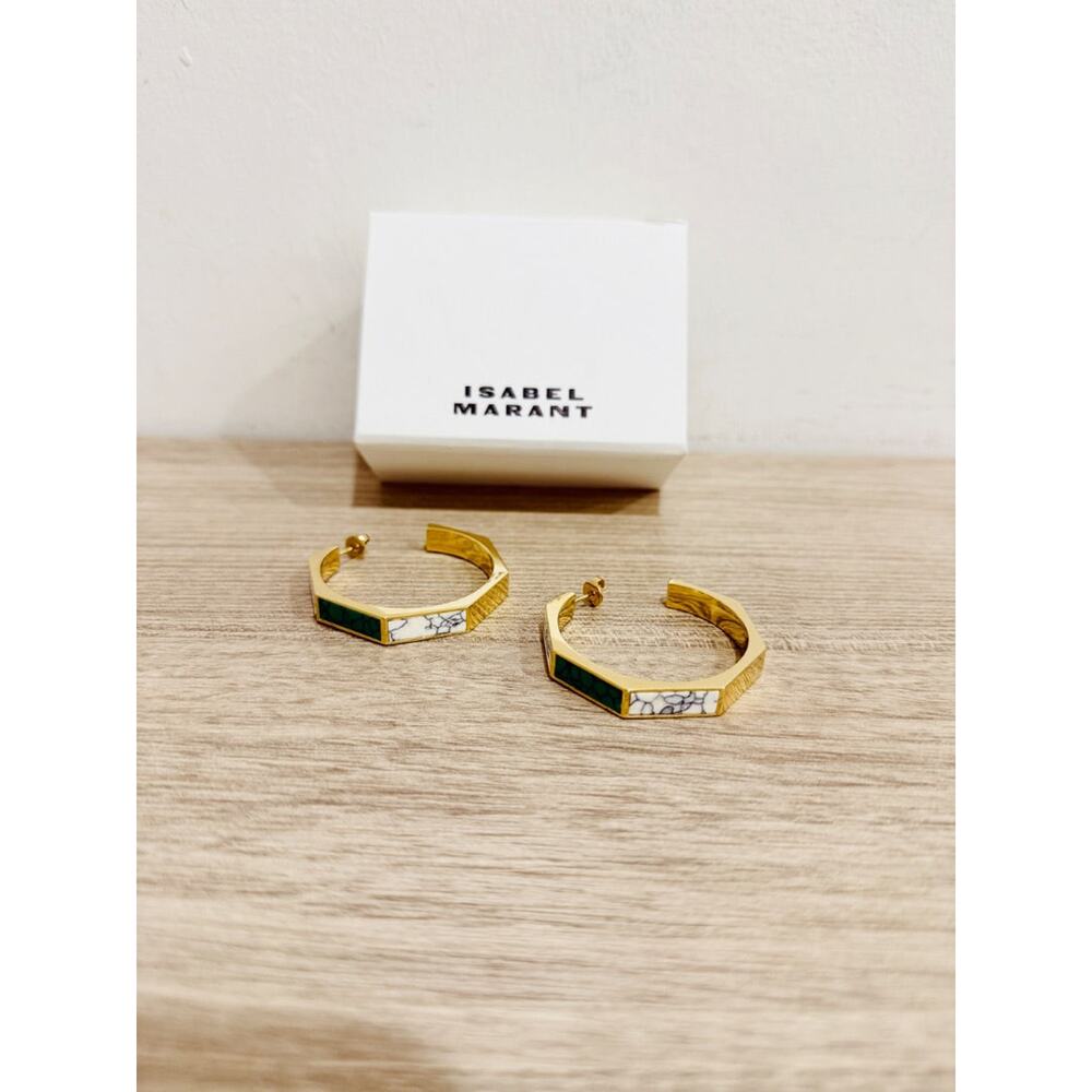 NWT Isabel Marant Gold-Tone Brass Green and White Inlay Boucle Hoop Earrings - Picture 6 of 6